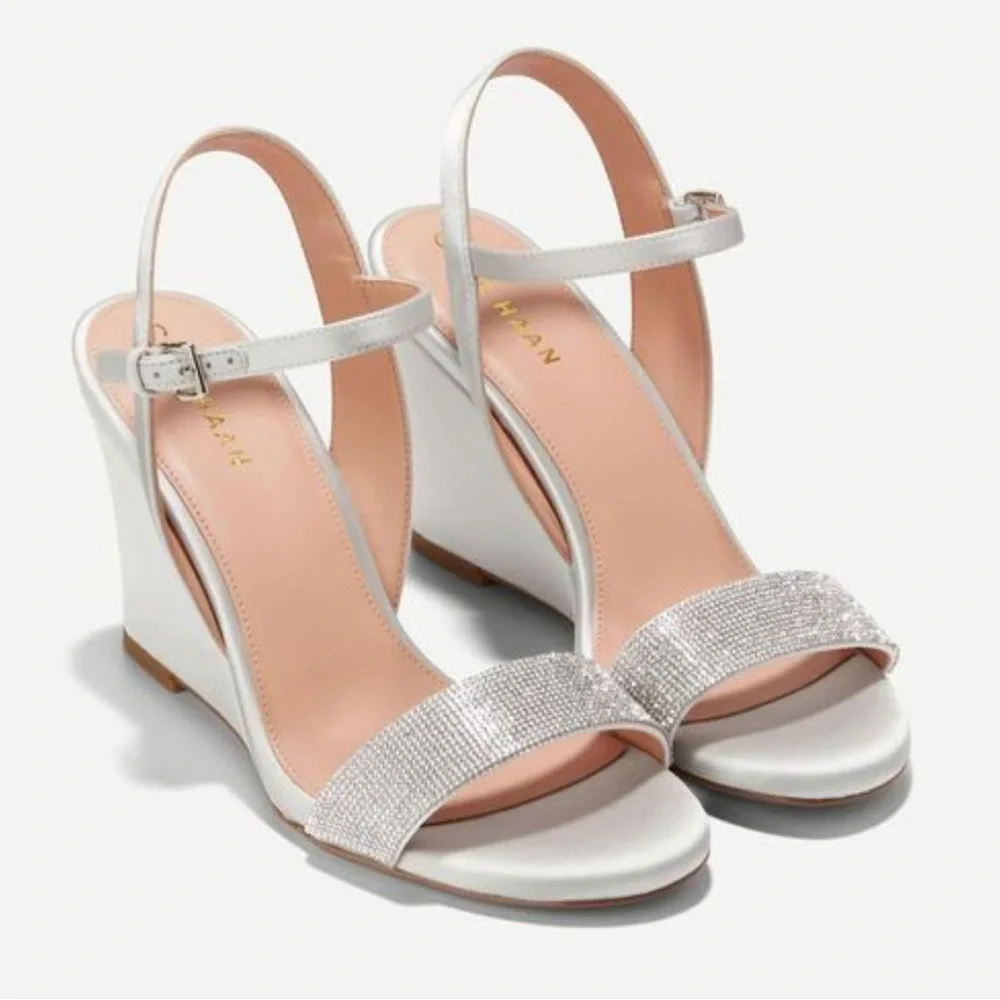 •COLE HAAN•‎ Josie Wedge Ankle Strap Sandal Heel Size 9.5B Gray Satin Crystals